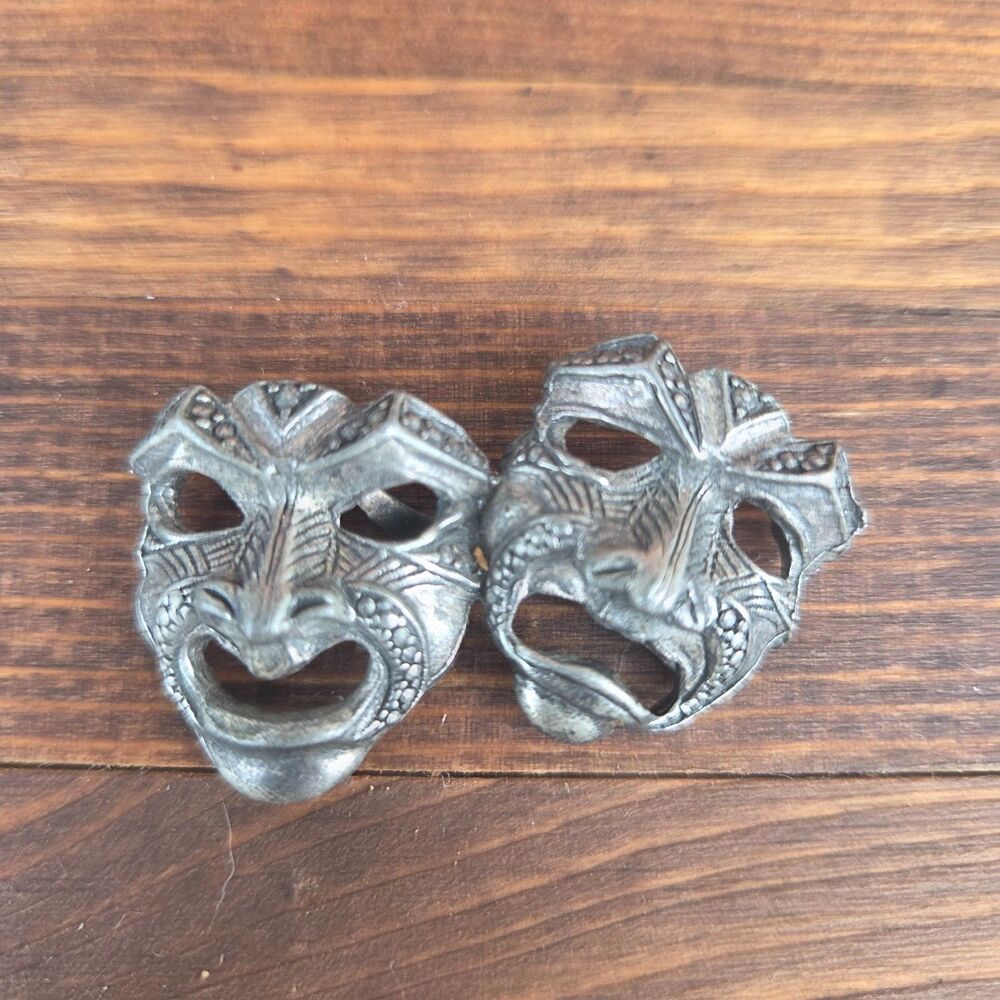Vintage Comedy Tragedy Mask Brooch Silver Tone Theater Drama Pin 2"